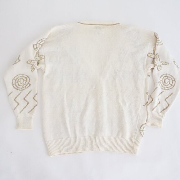 Vintage Cervelle Cream Gold Embroidered Beach Theme Button Up Knit Cardigan Xl - Picture 11 of 13